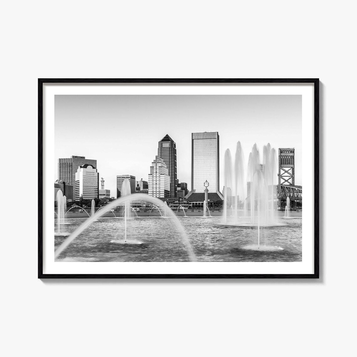 Jacksonville Florida Skyline Friendship Fountain Black And White Poster