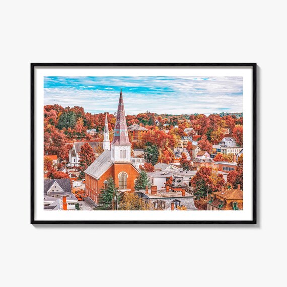 Vermont Autumn Foliage Historic Church Town Photography Poster