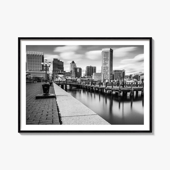 Baltimore Maryland Black White Inner Harbor Waterfront Poster