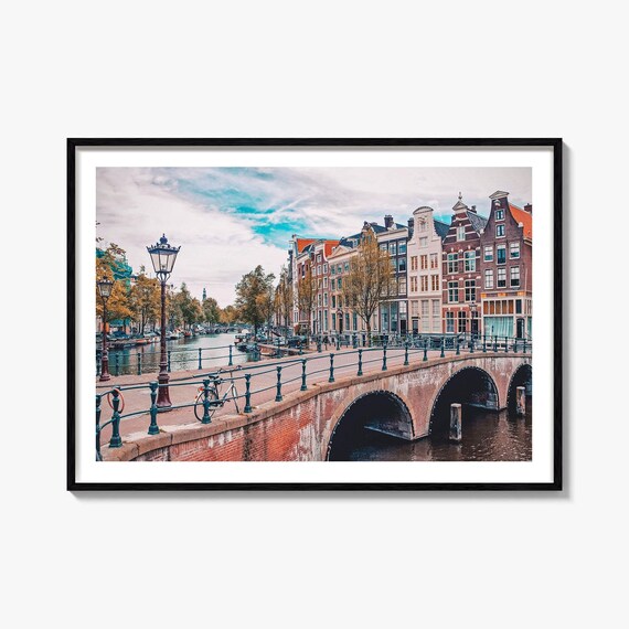 Amsterdam Canal Brick Bridge Gabled Houses Colorful Travel Photography Poster