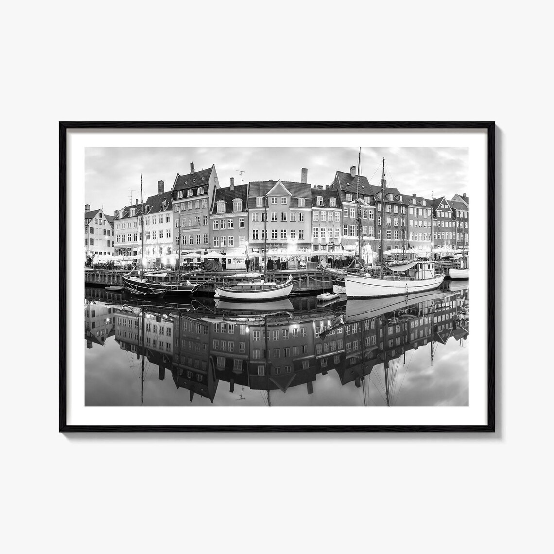 Copenhagen Nyhavn Harbor Boats Reflection Black and White Poster