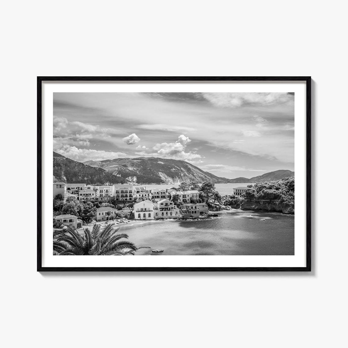 Greece Coastal Village Whitewashed Harbor Black White Photo Poster