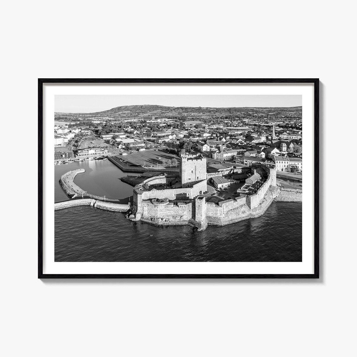 Carrickfergus Castle Northern Ireland Seaside Aerial Black and White Poster