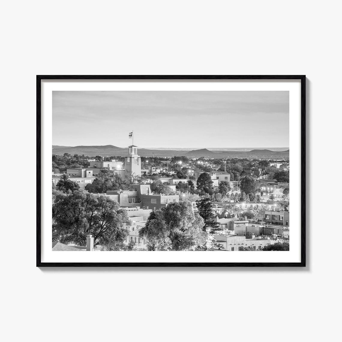 New Mexico Santa Fe Adobe Skyline Desert Dusk Black And White Poster