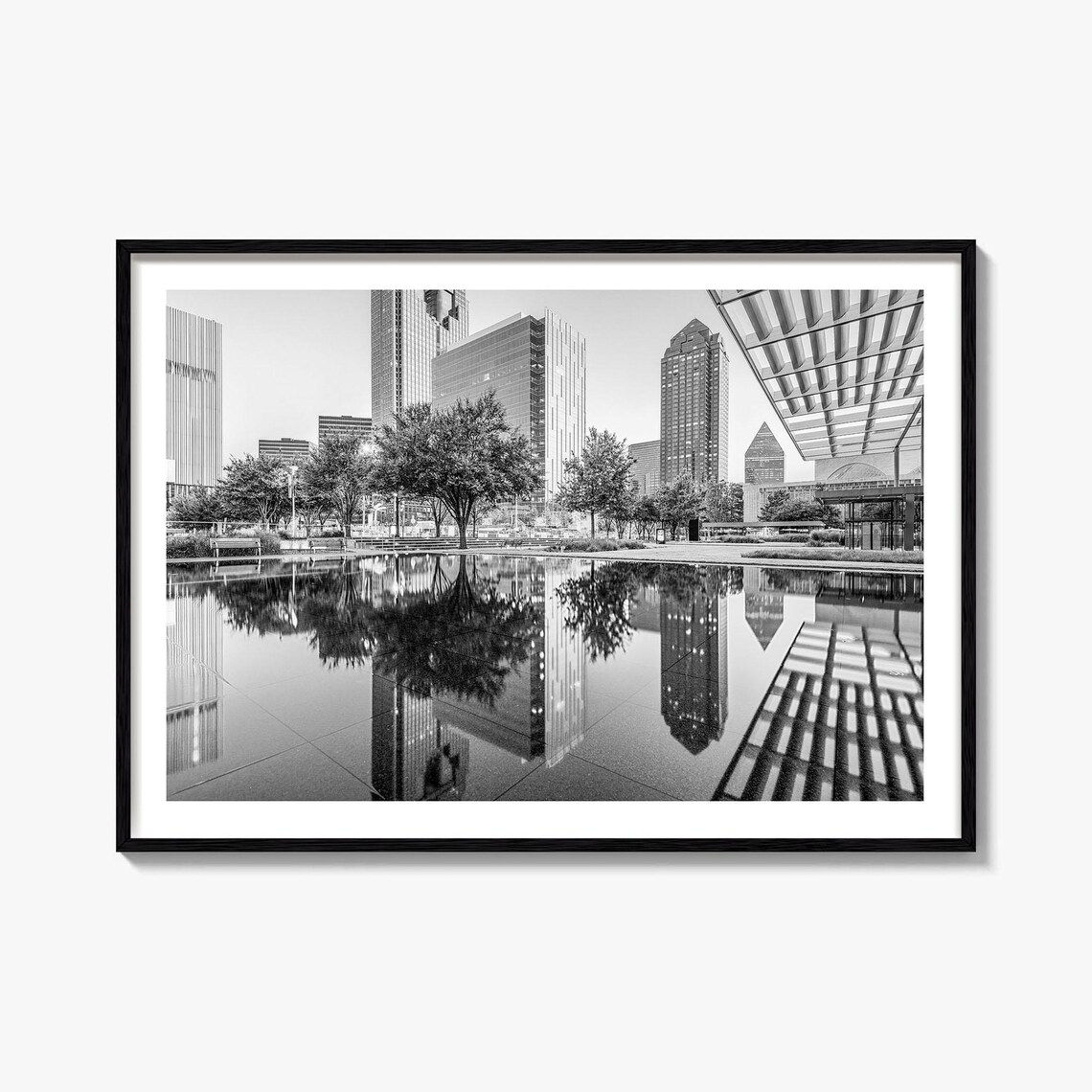 Dallas Arts District Reflection Black White Skyline Photo Poster