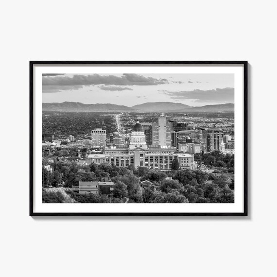 Salt Lake City Skyline And Mountains Black And White Aerial Poster