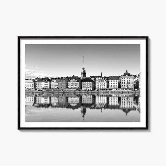 Stockholm Sweden Gamla Stan Waterfront Reflection Black and White Poster