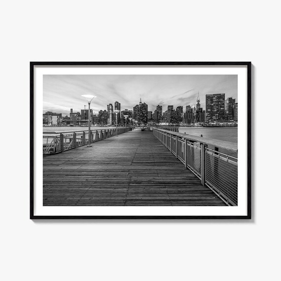 Long Island Pier Manhattan Skyline Dusk Black White Photo Poster
