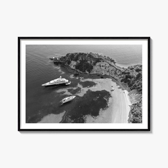 Ithaca Black And White Yacht Anchored In The Cove Aerial Poster