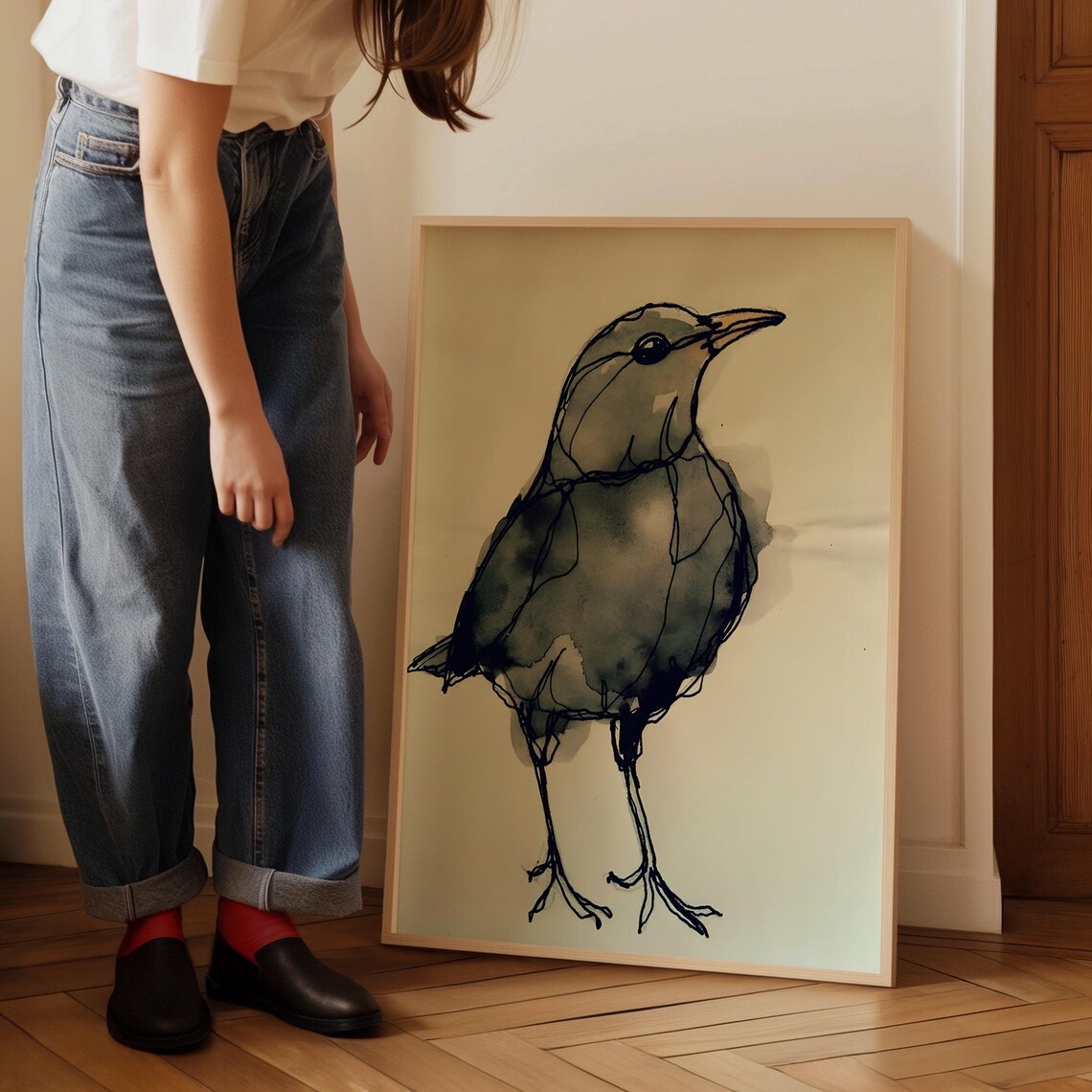 Minimalist Ink Bird Sketch Blackbird Line Drawing Neutral Wall Poster