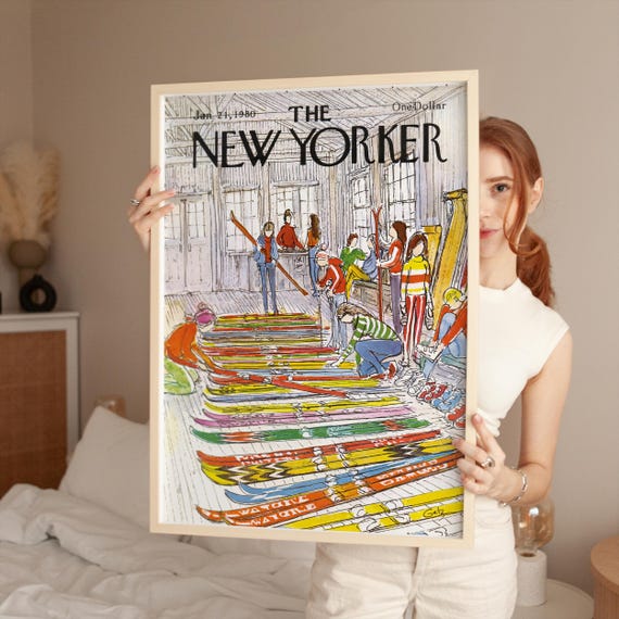 The New Yorker Ski Lodge 1980 Colorful Skis Vintage Winter Magazine Poster