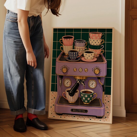 Purple Espresso Machine Bellissima Coffee Cups Retro Kitchen Poster