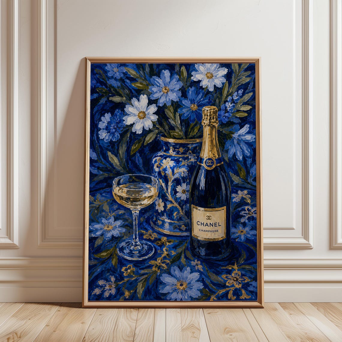 Champagne Floraln Print Blue Coquette Poster Luxury Bottle Wall Art
