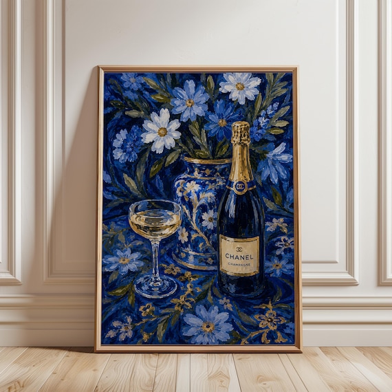 Champagne Floraln Print Blue Coquette Poster Luxury Bottle Wall Art