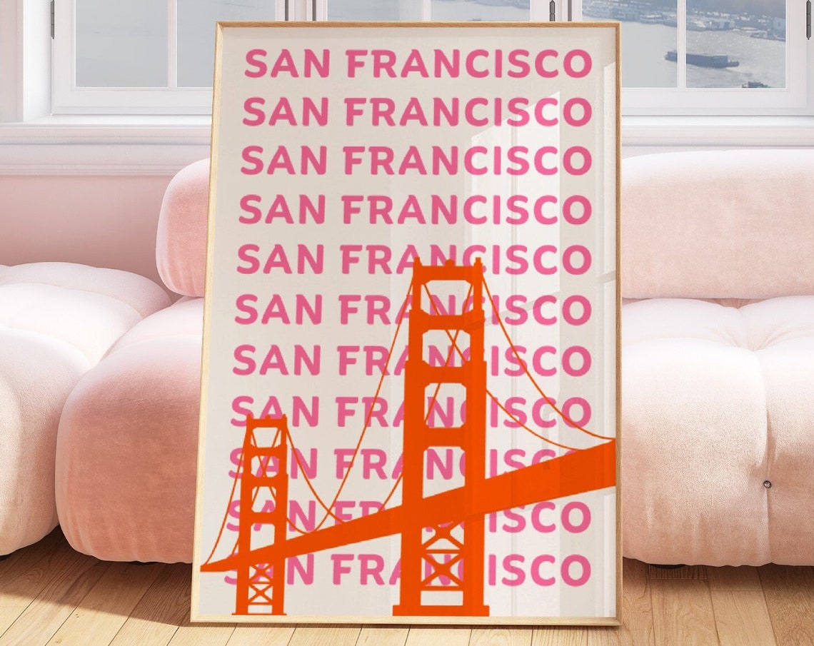 San Francisco Pink Repeat Typography Orange Golden Gate Bridge Poster