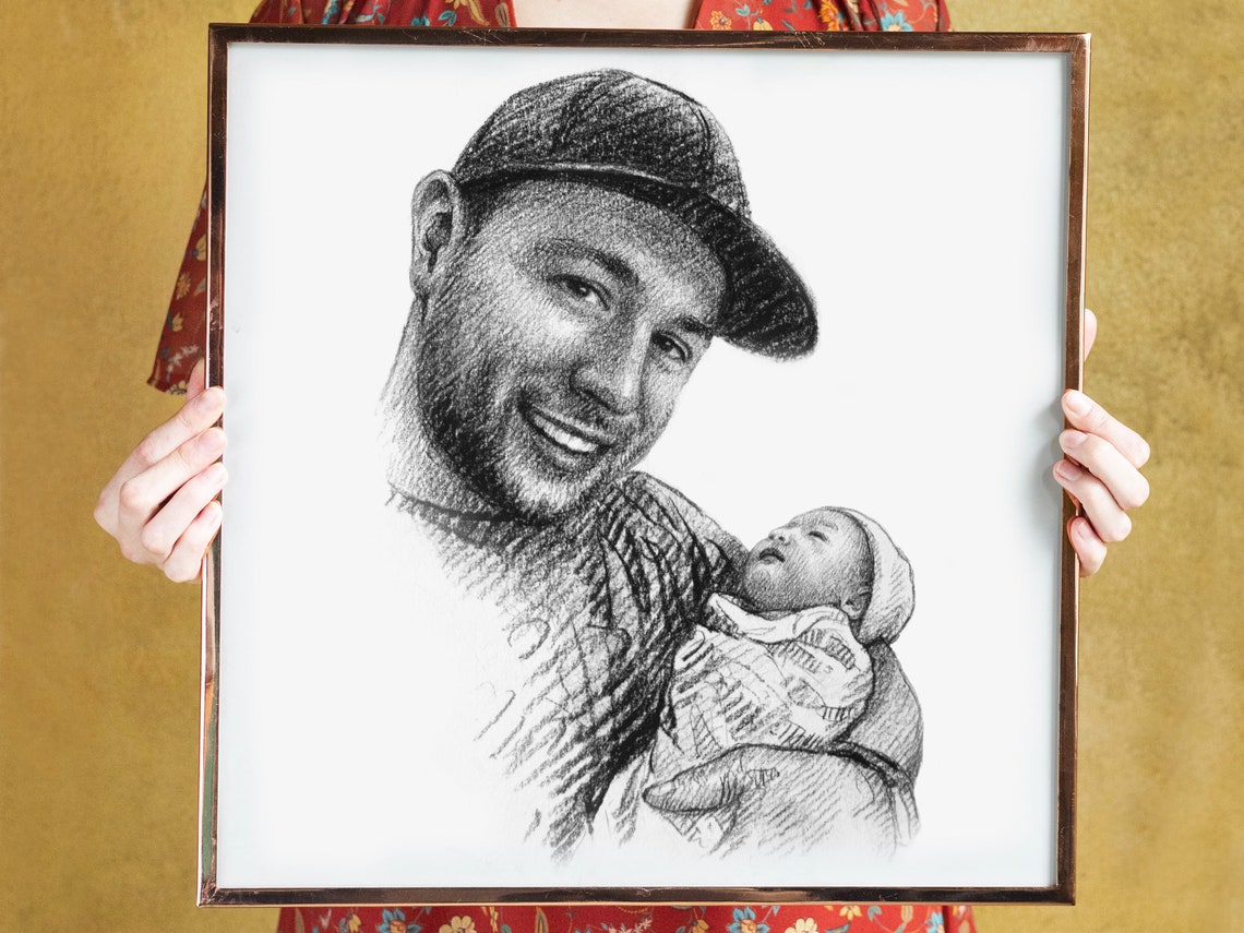 Smiling Dad in Baseball Cap Holding Newborn Charcoal Portrait Poster