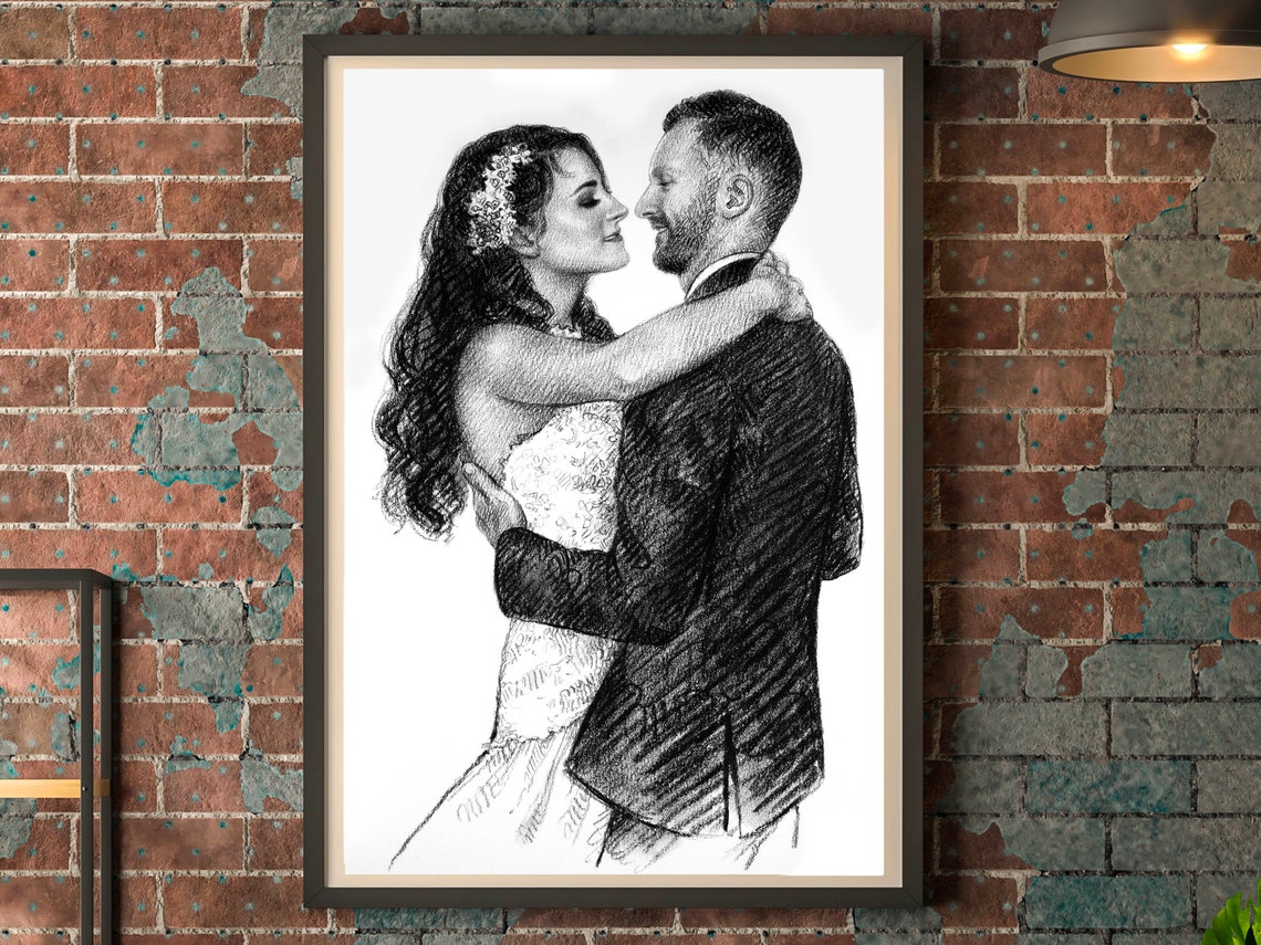 Bride and Groom Embracing Custom Wedding Charcoal Sketch Poster
