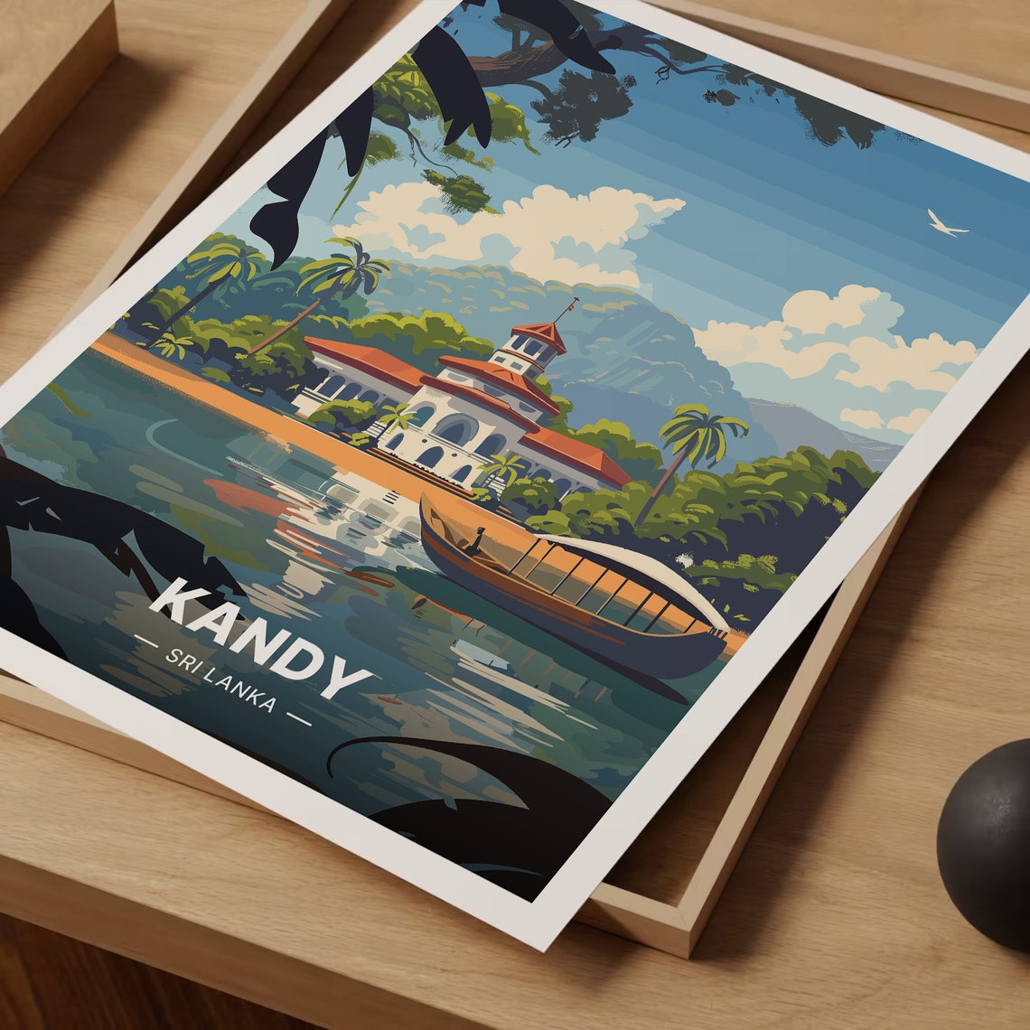 Kandy Sri Lanka Lakeside Temple Pavilion Boat Tropical Travel Poster - Image 3