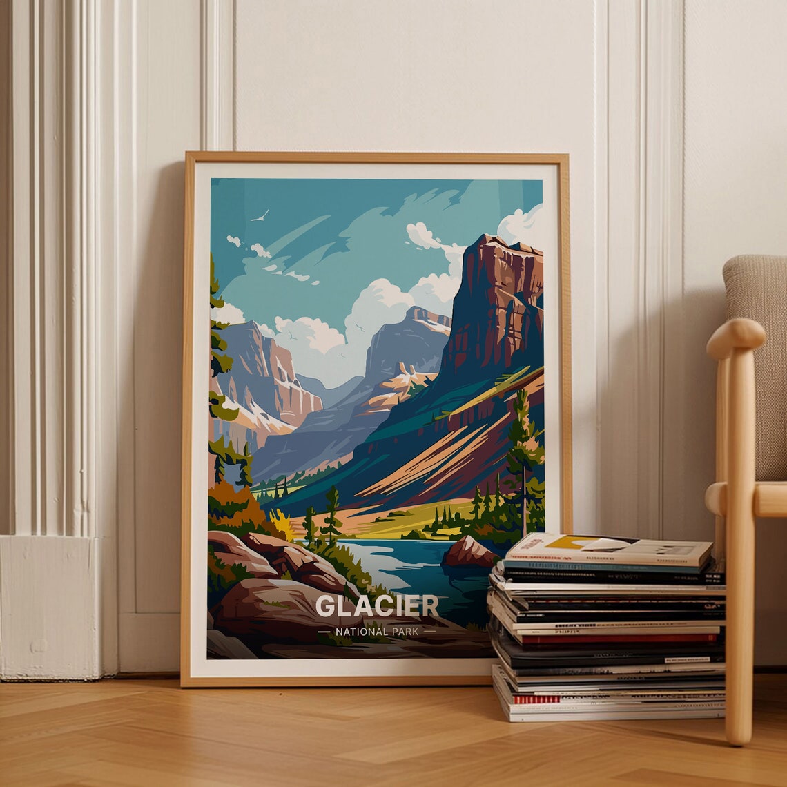 Glacier National Park Rocky Cliffs Lake Retro Vintage Travel Poster
