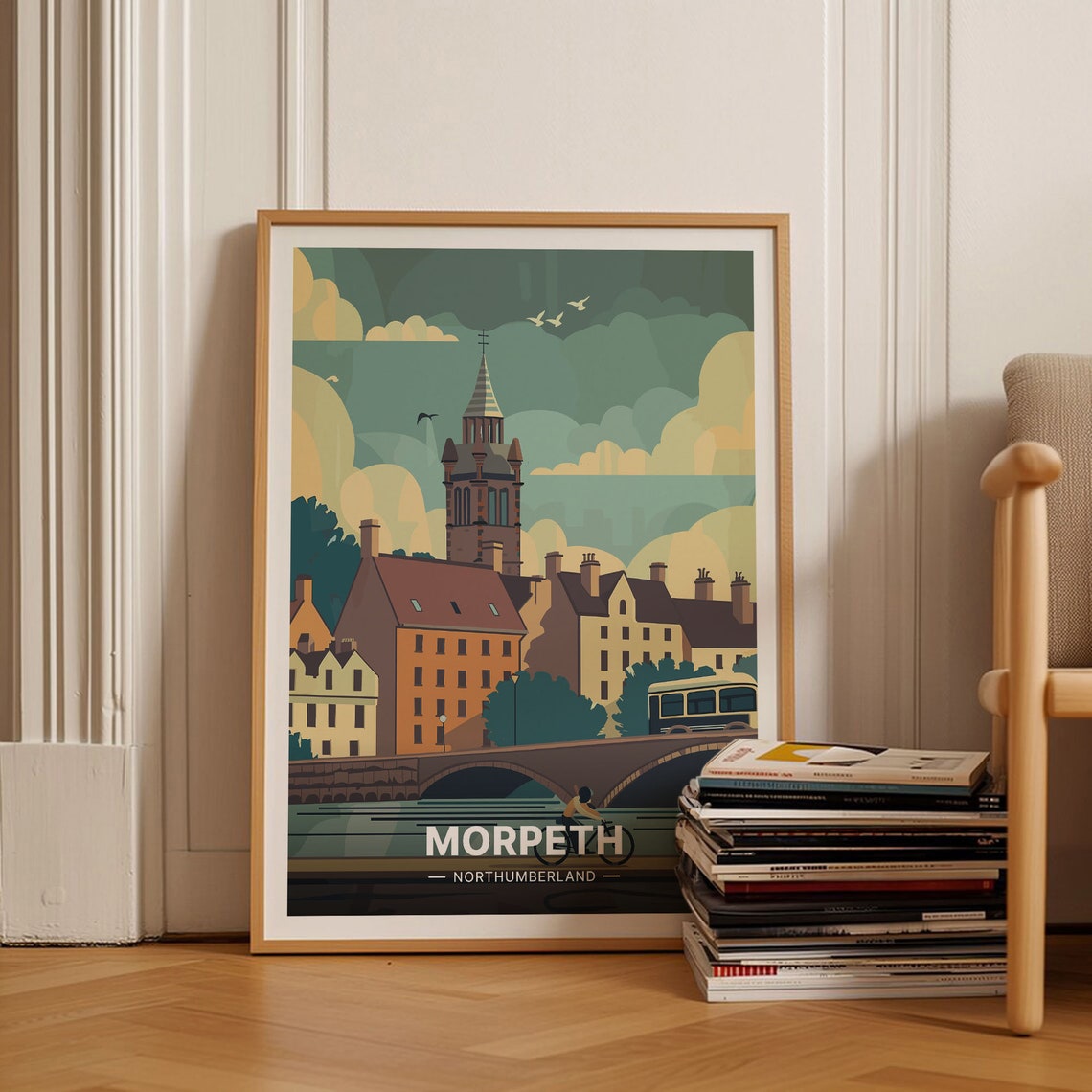 Morpeth Northumberland Riverside Town Clock Tower Bridge Travel Poster