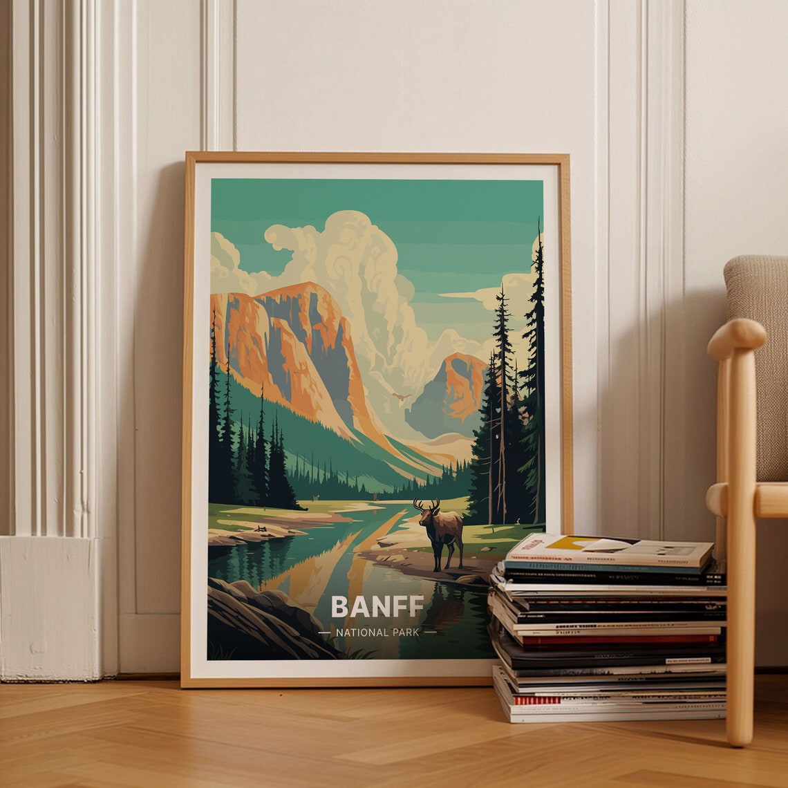 Banff National Park Canada Elk Alpine Lake Mountain Vintage Poster