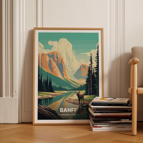 Banff National Park Canada Elk Alpine Lake Mountain Vintage Poster