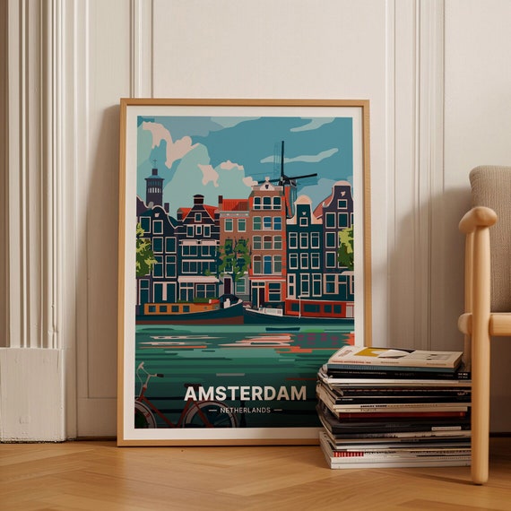 Amsterdam Netherlands Canal Houses Windmill Boat Travel Poster