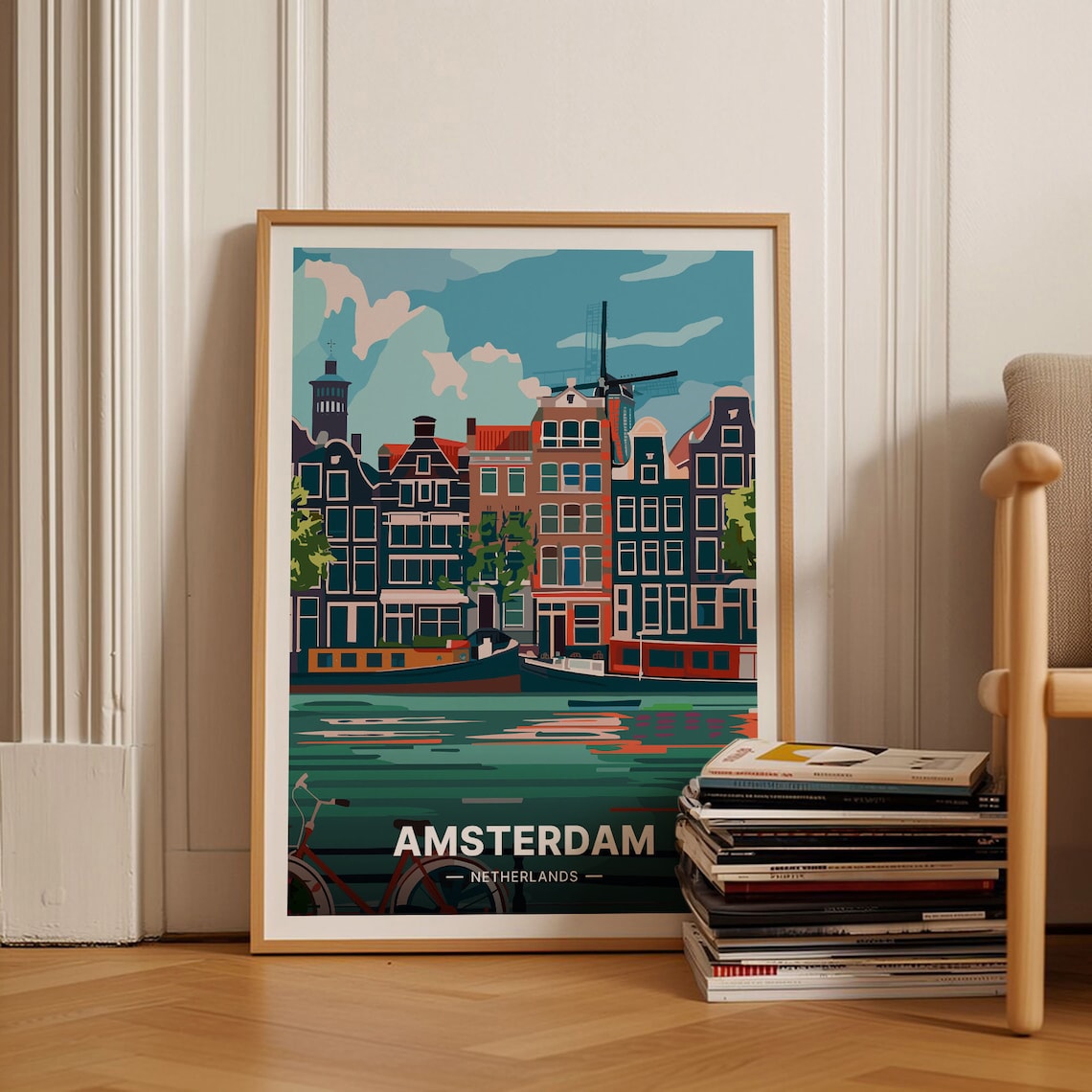 Amsterdam Netherlands Canal Houses Windmill Boat Travel Poster