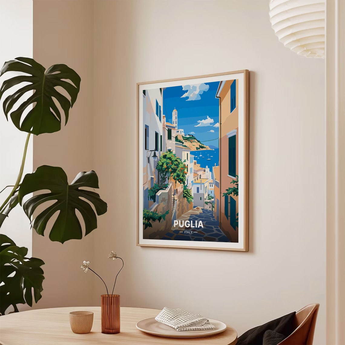 Puglia Italy Travel Poster Whitewashed Alley Sea View Village Art - Image 2