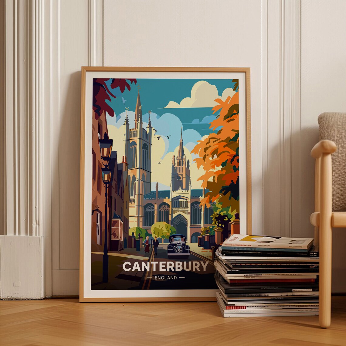 Canterbury England Cathedral Vintage Autumn Street Scene Poster