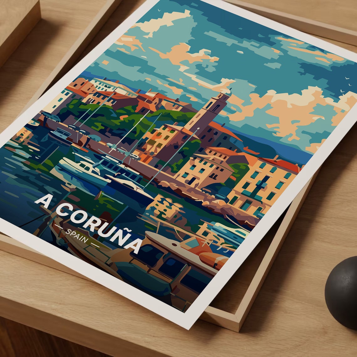 A Coruna Spain Harbor Boats Bell Tower Waterfront Travel Poster - Image 3