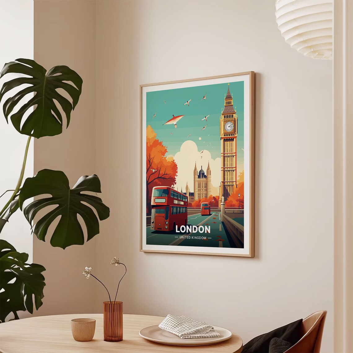 London Big Ben Double Decker Bus Autumn Retro Vintage Travel Poster - Image 2