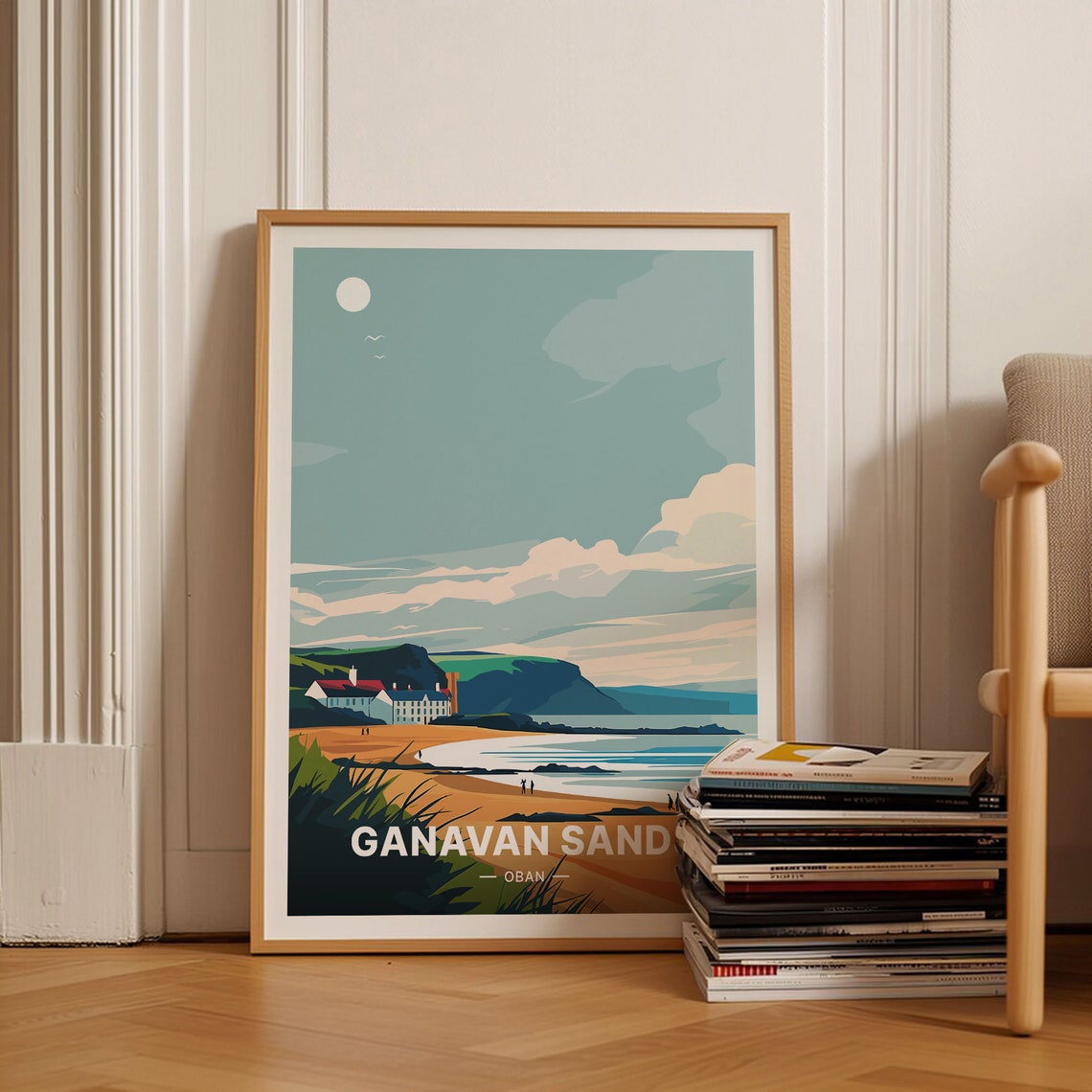Ganavan Sands Oban Travel Poster Scottish Beach Moonlit Bay Art