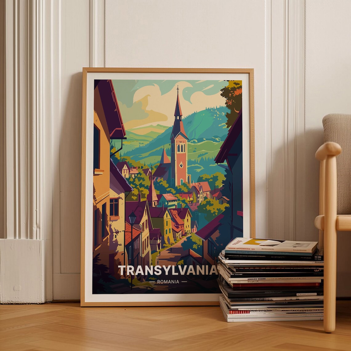 Transylvania Romania Travel Poster Village Church Spire Hills Art