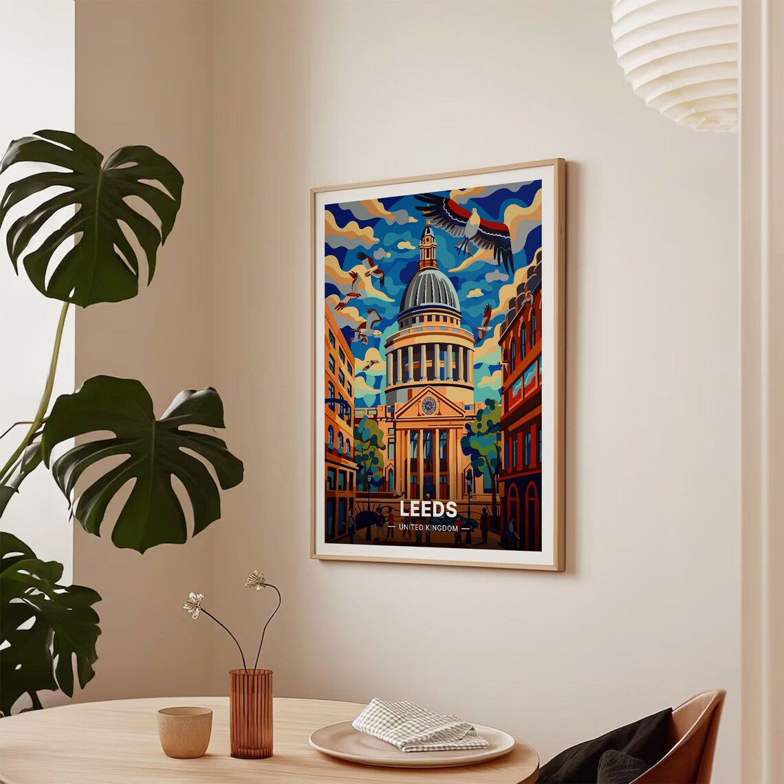 Leeds United Kingdom Domed Civic Hall Birds Vintage Travel Poster Art - Image 2
