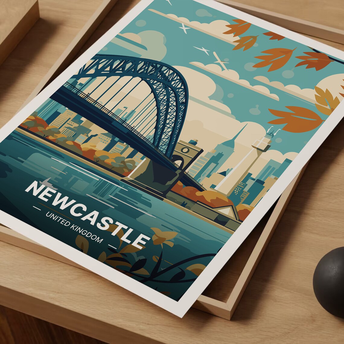 Newcastle United Kingdom Travel Poster Tyne Bridge Autumn Skyline Art - Image 3