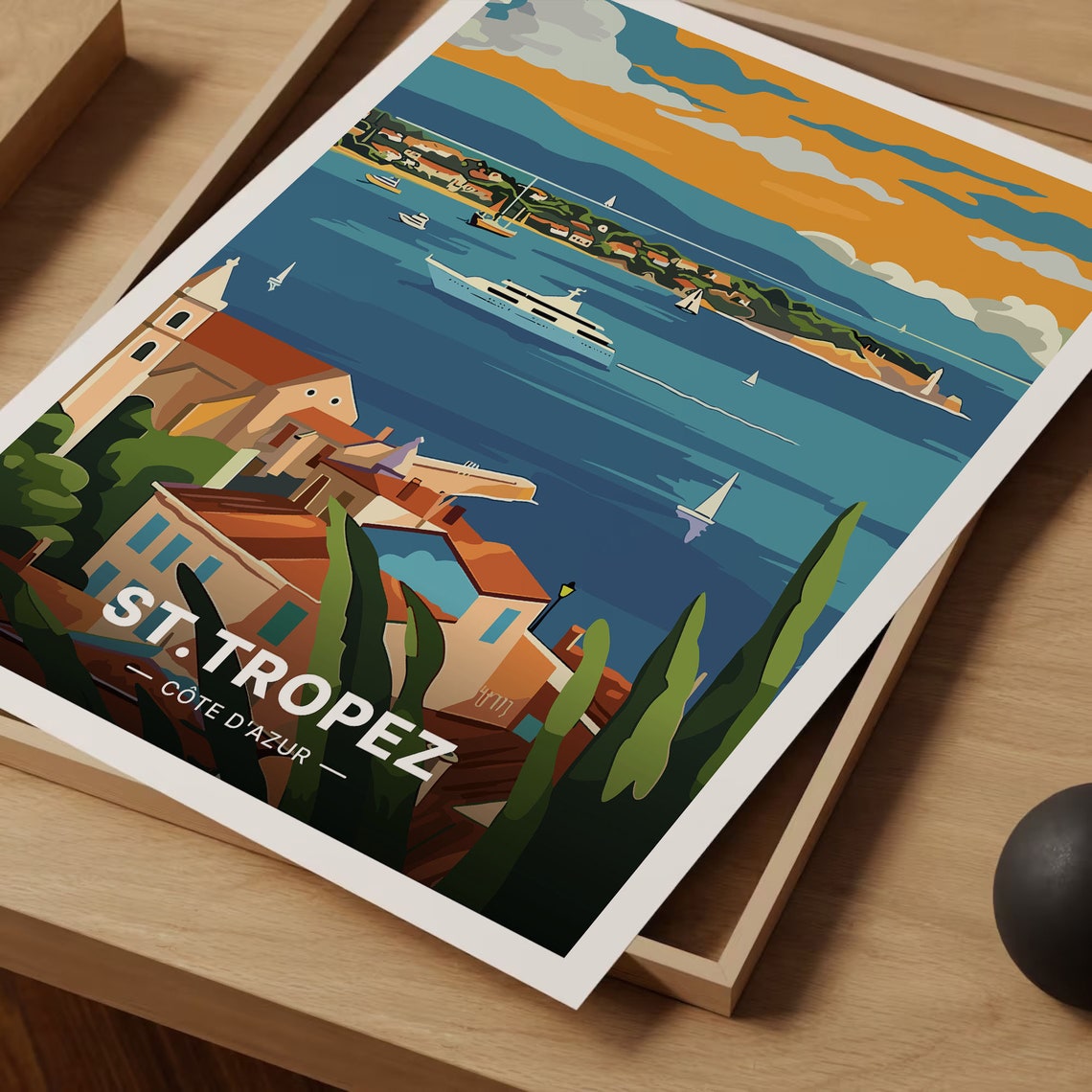 St Tropez French Riviera Bay Yachts Golden Harbor Scene Poster - Image 3
