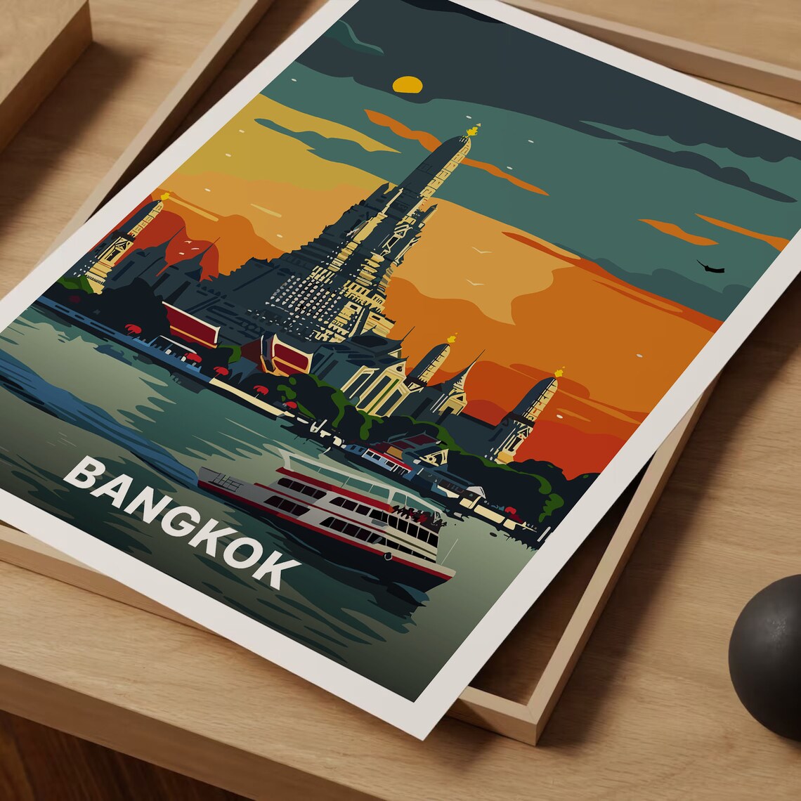 Bangkok Thailand Wat Arun Temple Sunset River Vintage Travel Poster - Image 3