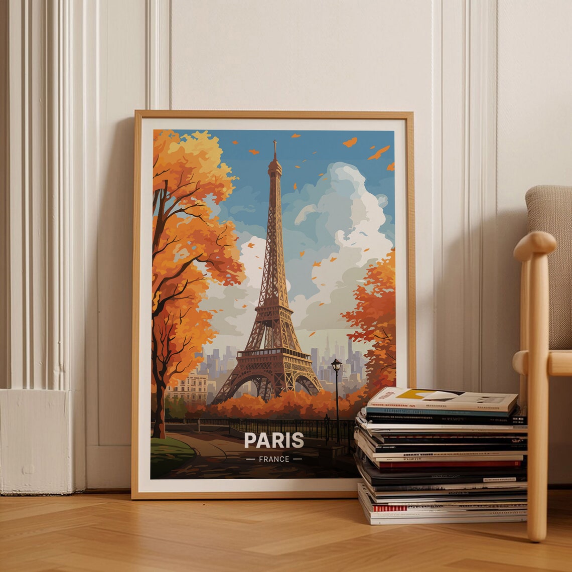 Paris France Eiffel Tower Golden Autumn Leaves Travel Poster