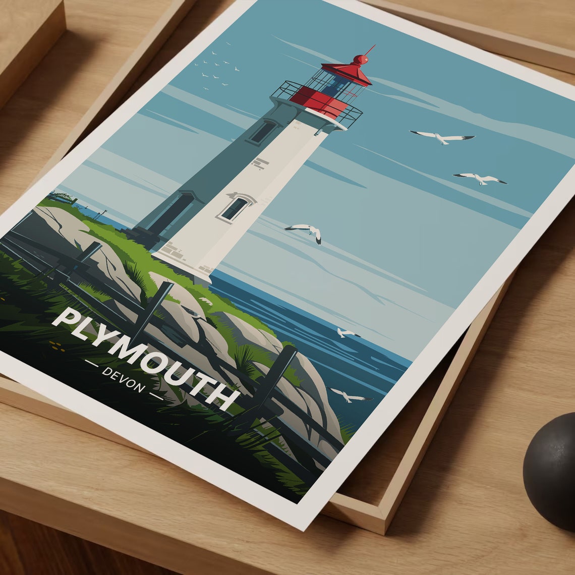 Plymouth Devon Lighthouse Red Cap Seagulls Coastal Travel Poster Art - Image 3