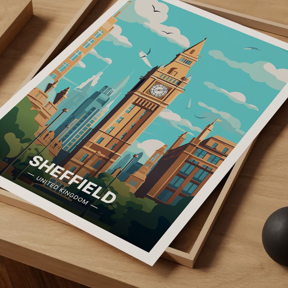 Sheffield United Kingdom Clock Tower Cityscape Retro Travel Poster - Image 3