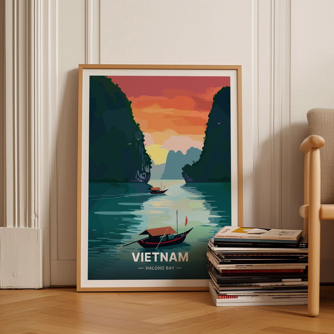 Vietnam Halong Bay Karst Islands Boat Sunset Exotic Travel Poster