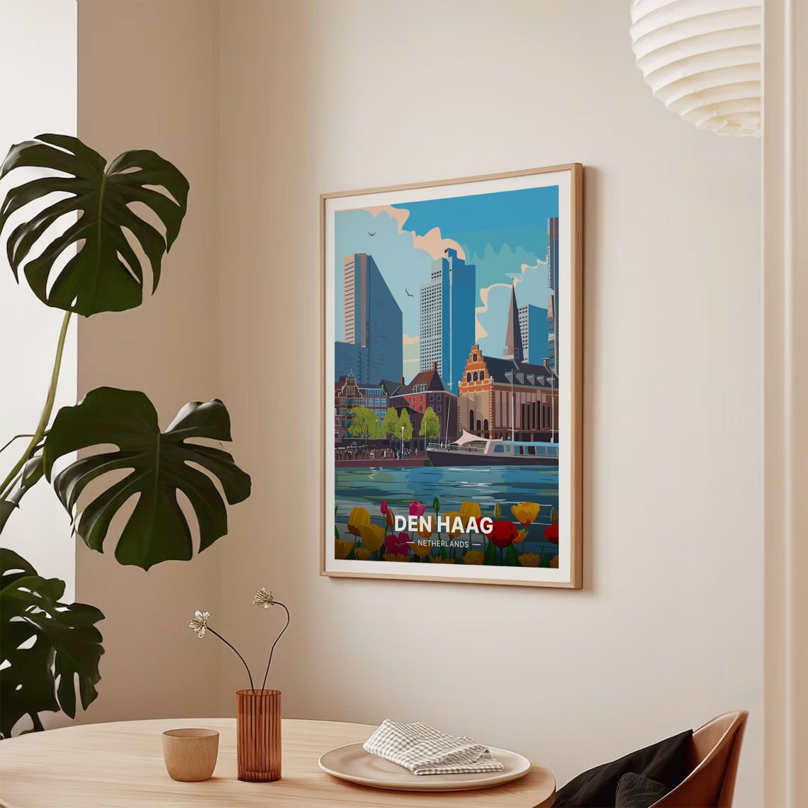 Den Haag Netherlands Modern Skyline Canal Boats Tulips Poster - Image 2
