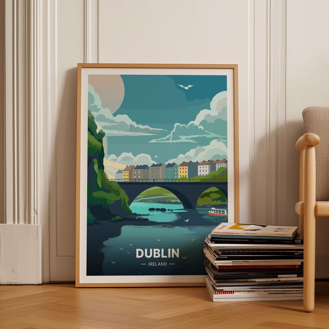 Dublin Ireland Stone Bridge Colorful Terraces River Travel Poster