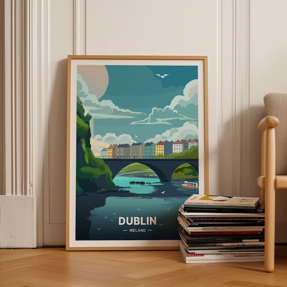 Dublin Ireland Stone Bridge Colorful Terraces River Travel Poster