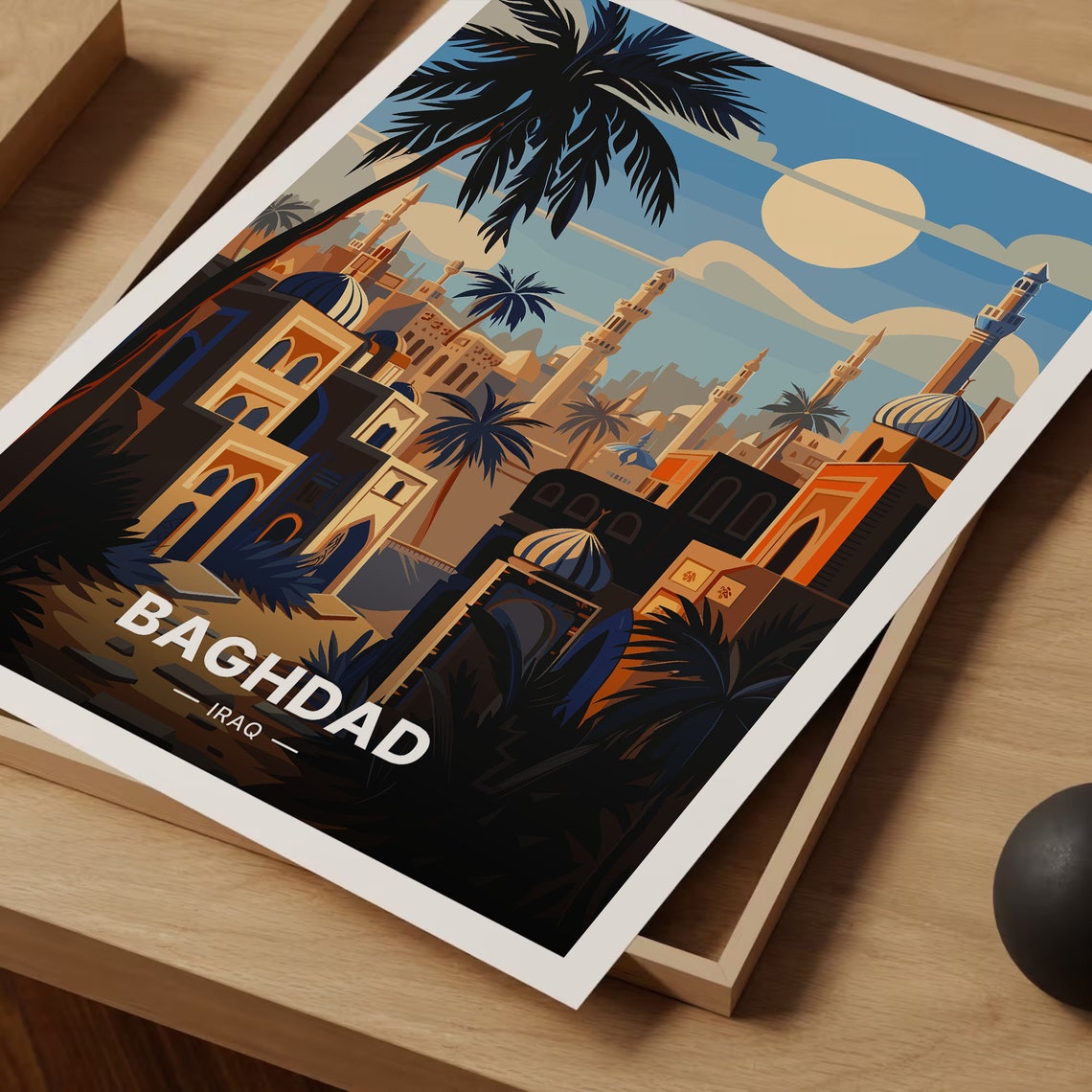 Baghdad Iraq Glowing Mosques Minarets Palms Sunset Travel Poster - Image 3
