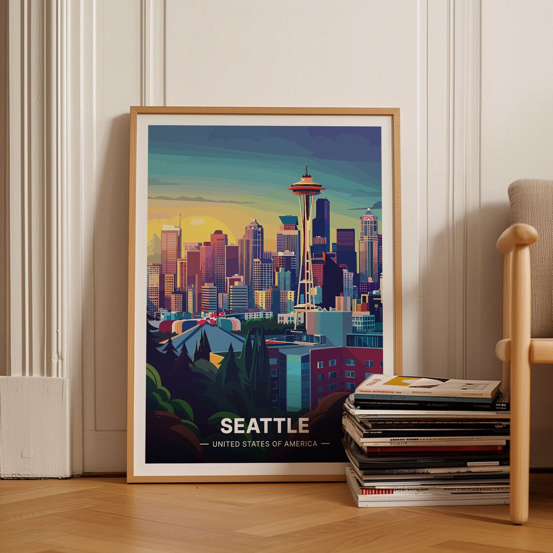 Seattle Skyline Travel Poster, Washington Cityscape