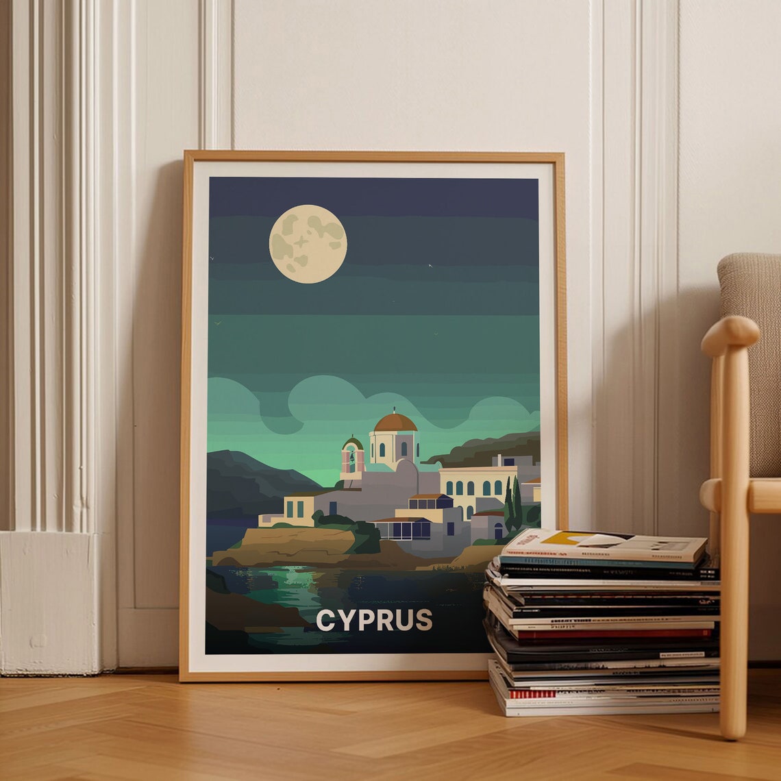 Cyprus Moonlit Night Seaside Church Dome Night Sky Travel Poster