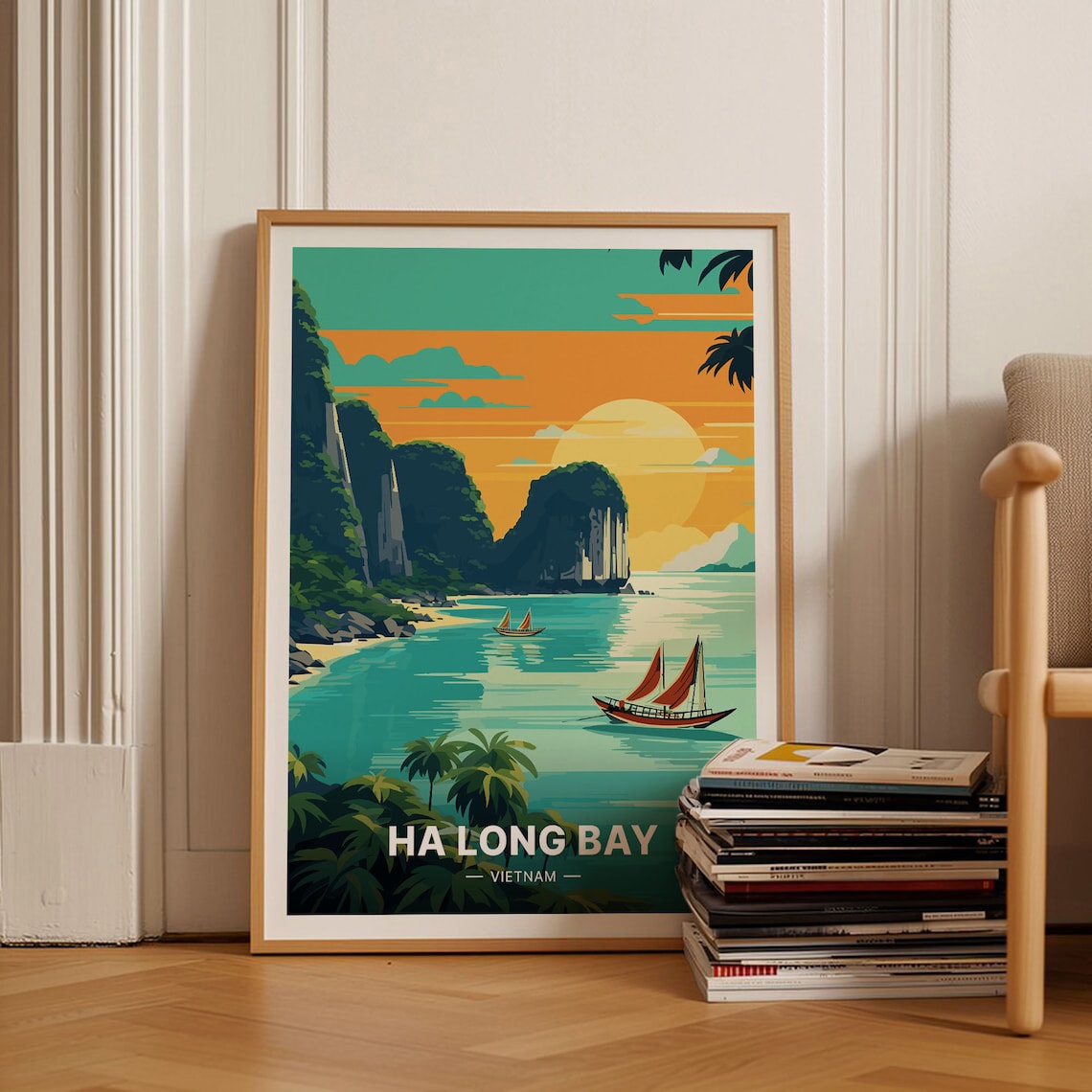 Ha Long Bay Vietnam Limestone Karsts Junk Boats Sunset Travel Poster