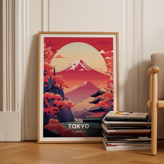Tokyo Japan Mount Fuji Cherry Blossom Vintage Travel Poster Pagoda Sunset